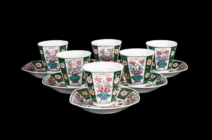 Set of six Chinese porcelain famille rose black ground beakers and saucers | MasterArt